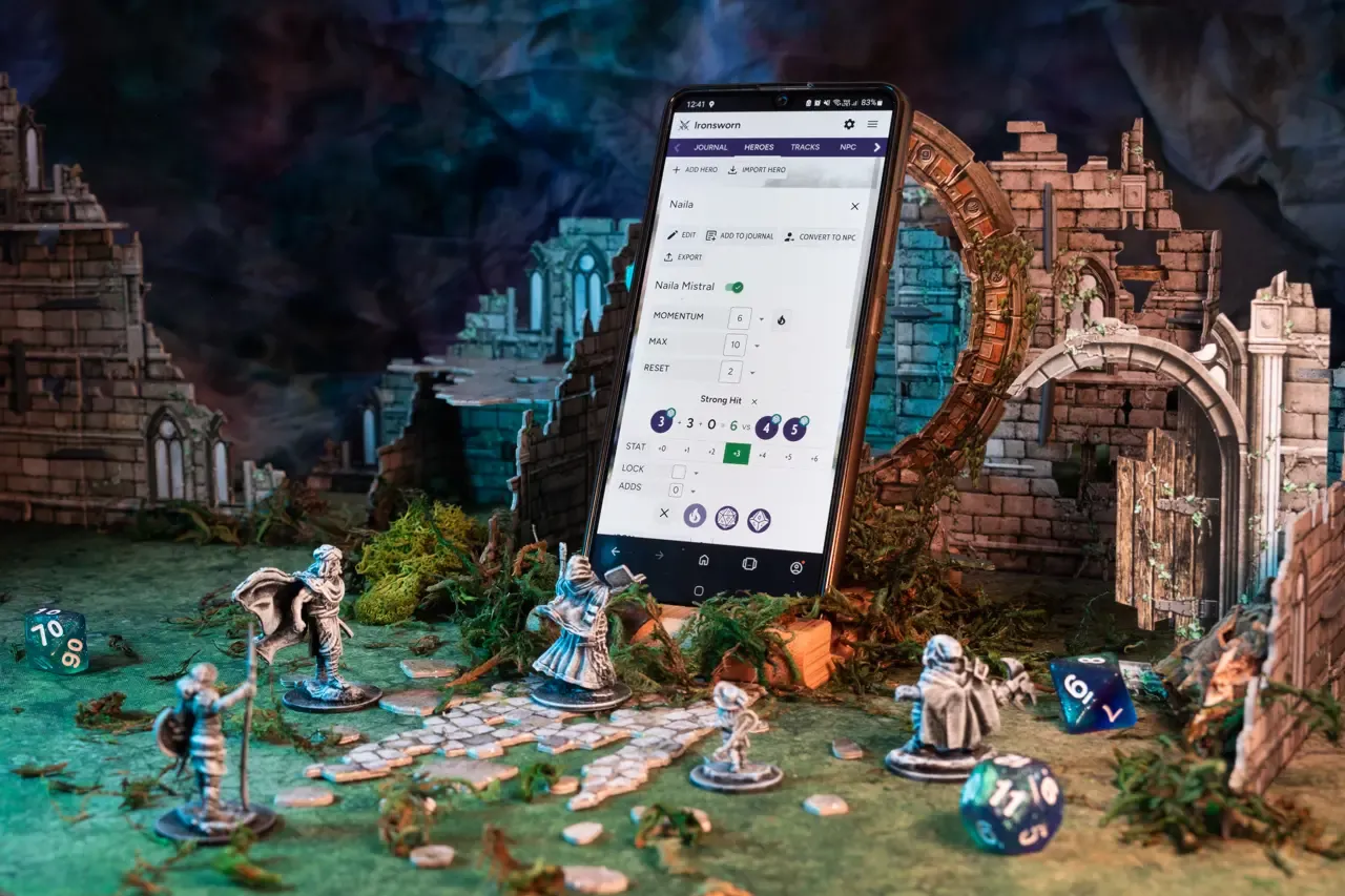 Miniatures standing before Pocketforge app in a fantastical surroundings