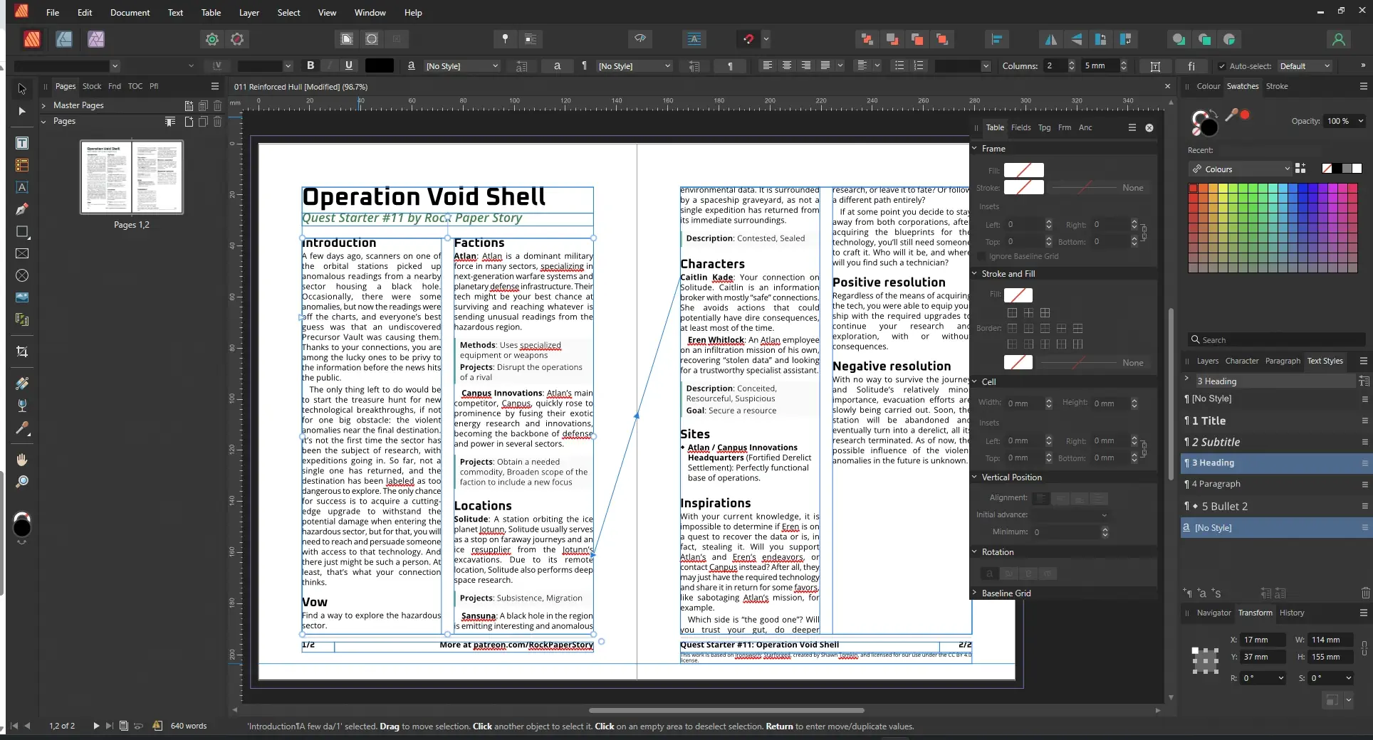 Affinity Publisher, Quest Starter in progress