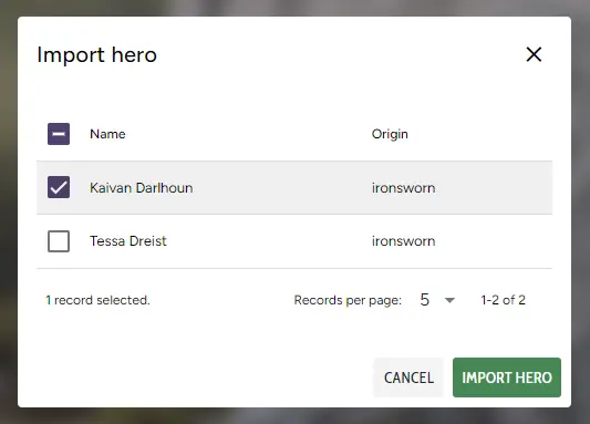 Import hero dialog